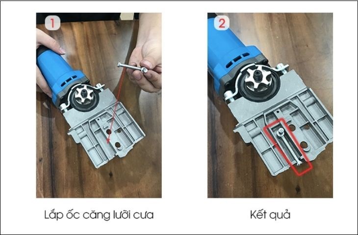 Lắp ốc căng lưỡi cưa vào khung đỡ lưỡi cưa trên máy mài góc cầm tay Kachi MK-190 850W 