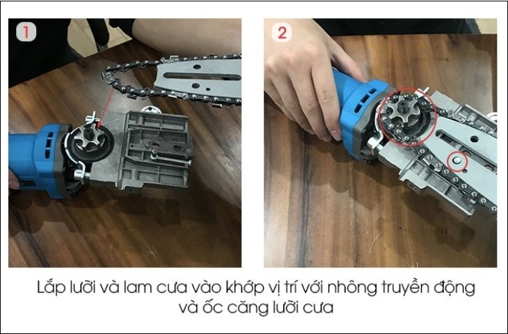 Gắn thiết bị cắt vào khớp vị trí với nhông truyền động và ốc căng lưỡi cưa 