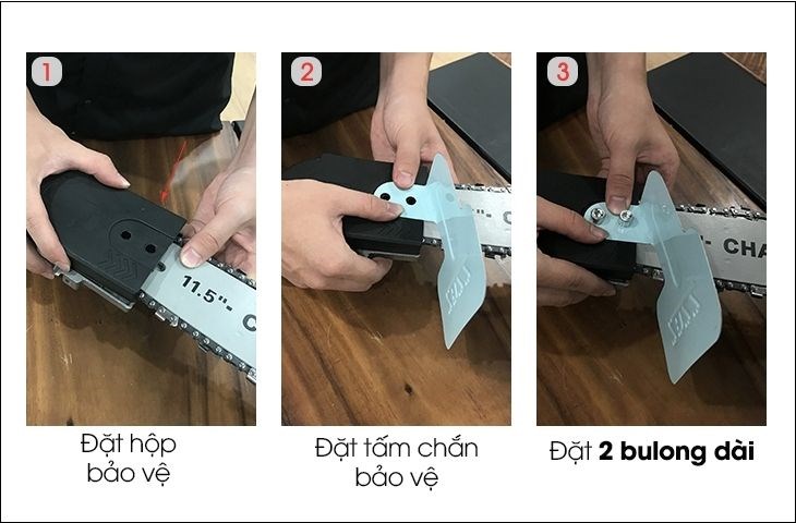 Đặt hộp bảo vệ và tấm chắn bảo vệ vào lam cưa để hạn chế bụi gỗ của vật liệu 