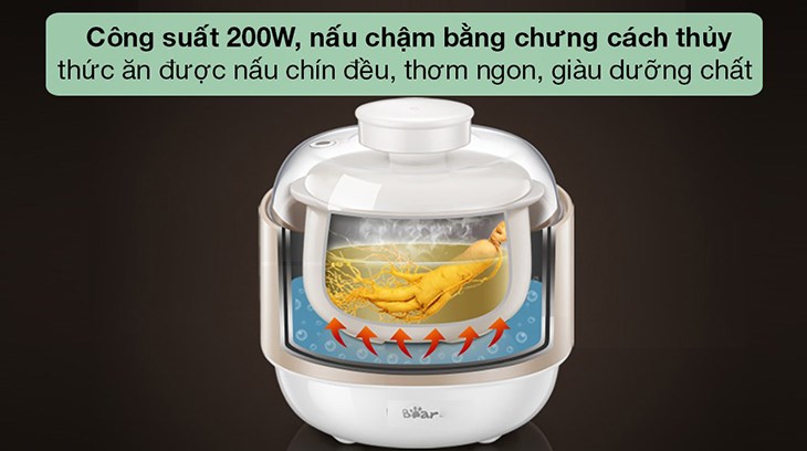 Nồi nấu chậm Bear 0.8 lít DDZ-A08D1 có thể làm thức ăn chín mềm, thơm ngon bằng phương pháp chưng cách thủy