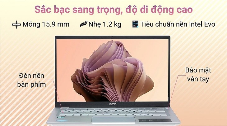 Laptop Acer Swift 3 SF314 512 56QN i5 mang thân hình nhỏ gọn nhờ có khung vỏ kim loại chắc chắn, sờ vào rất mát và sướng tay