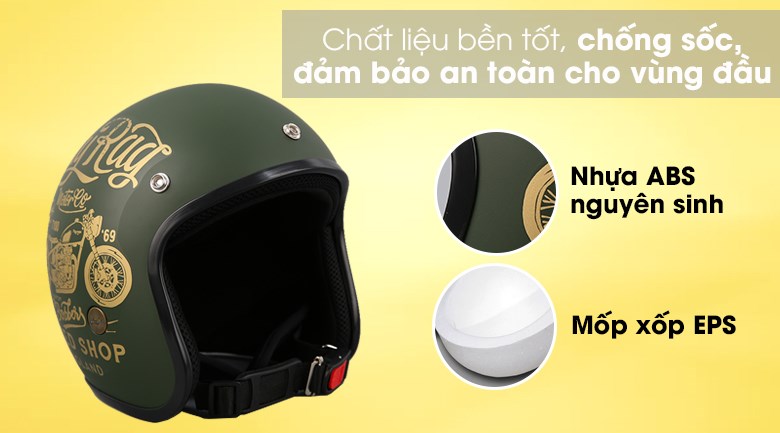 Mũ 3/4 size XL Asia MT-124 xanh rêu có vỏ mũ bằng nhựa ABS nguyên sinh giúp chịu lực và bảo vệ vùng đầu tốt 