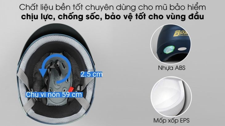 Mũ 1/2 size L Boss ATN10 xanh đen được trang bị lớp mốp xốp đến 2.5cm tạo độ đàn hồi cao, giảm chấn thương tối đa cho vùng đầu trong trường hợp va chạm.