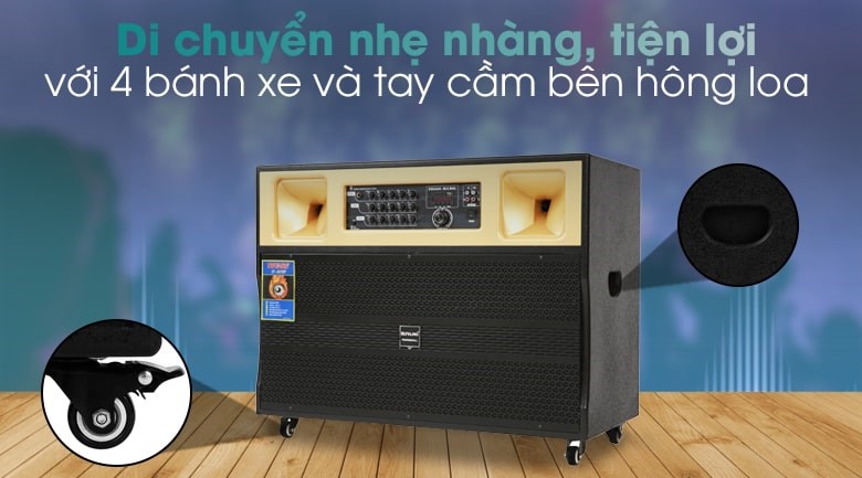 Loa điện karaoke SuYang X-128 850W có 4 bánh xe và tay cầm bên hông