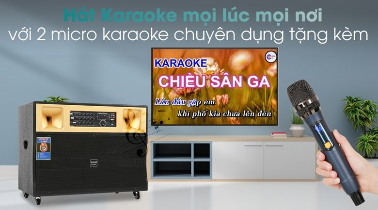 Loa điện karaoke SuYang X-128 850W với 2 micro chuyên dụng có thể hát karaoke thỏa thích