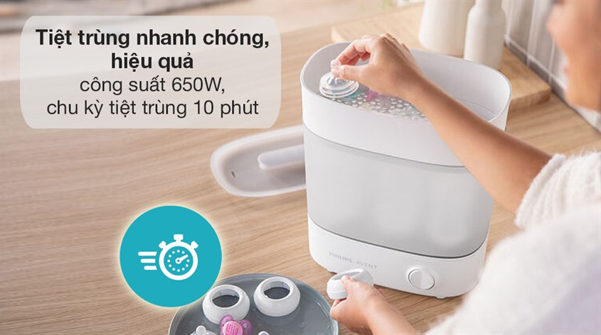 Mẹ có thể tiết kiệm thời gian với máy tiệt trùng bình sữa 3 trong 1 Philips Avent SCF291.00 vô cùng nhanh chóng và hiệu quả