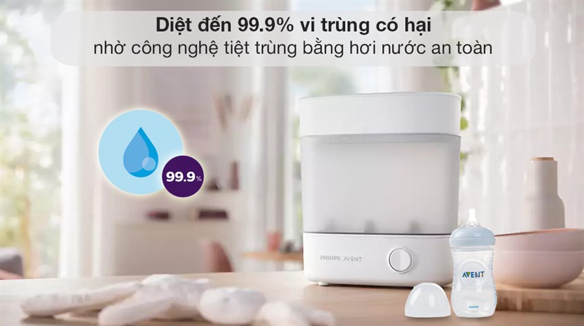 Máy tiệt trùng bình sữa 3 trong 1 Philips Avent SCF291.00 có thể diệt tới 99.9% vi trùng có hại, giúp đảm bảo an toàn khi vệ sinh các vật dụng