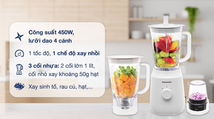 Máy xay sinh tố đa năng Panasonic MX-EX1031WRA - 3 cối hoạt động với công suất tối đa 450W, xay được đa dạng thực phẩm