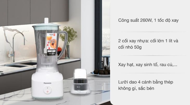 Máy xay sinh tố đa năng Panasonic MX-M200GRA hoạt động với công suất 260W cùng lưỡi dao 4 cánh sắc bén bằng thép không gỉ bền bỉ, xay thực phẩm nhuyễn mịn nhanh 