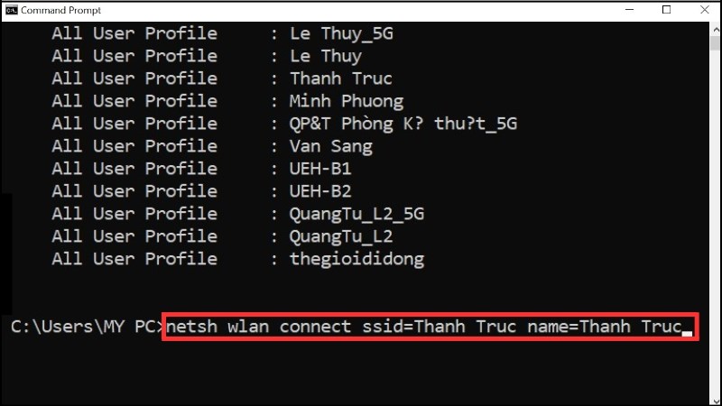 Chạy lệnh netsh wlan connect ssid=YOUR-WIFI-SSID name=PROFILE-NAME