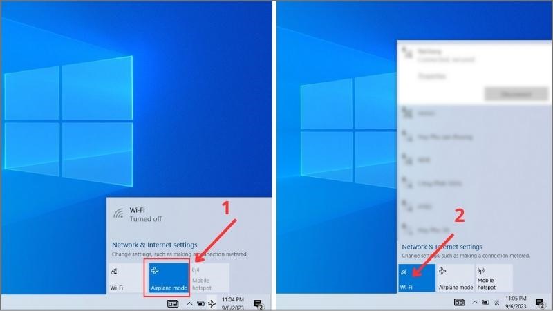 Click vào biểu tượng máy bay để tắt và Wifi sẽ kết nối lại bình thường
