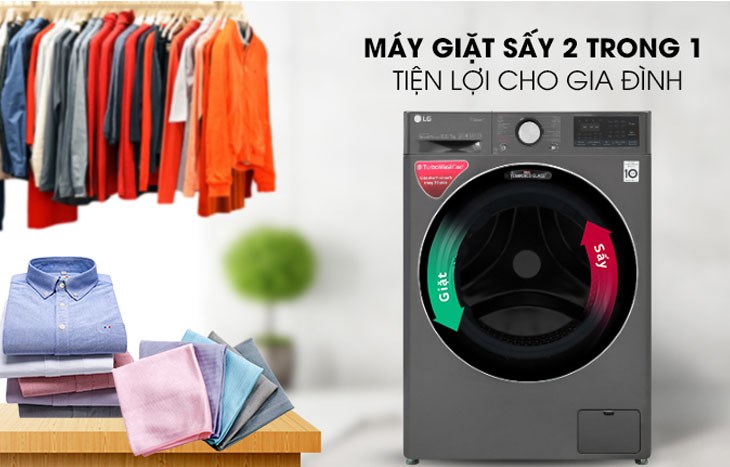Máy giặt sấy LG Inverter 9 kg FV1409G4V tích hợp giặt sấy 2 trong 1 giúp quần áo được làm khô nhanh chóng