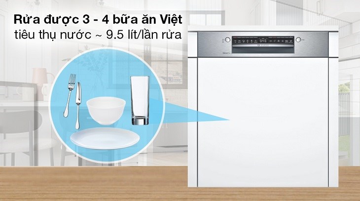 Máy rửa chén bán âm Bosch SMI4ECS14E có thể rửa được 3 - 4 bữa ăn Việt trong một chu trình hoạt động