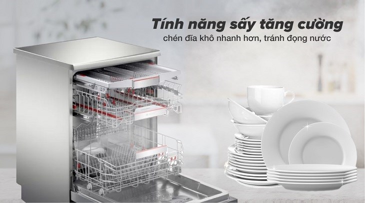 Tính năng sấy tăng cường giúp máy rửa chén độc lập Bosch SMS8YCI01E sấy khô chén dĩa nhanh hơn