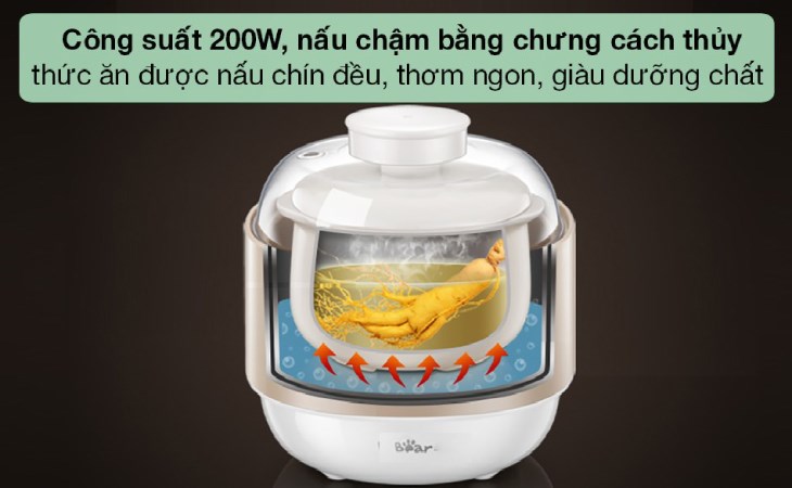 Nồi nấu chậm Bear 0.8 lít DDZ-A08D1 có công suất 200W cho ra thức ăn chín đều, giữ trọn dinh dưỡng