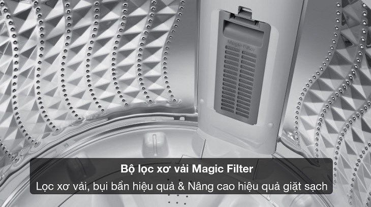 Bộ lọc xơ vải Magic Filter giúp máy giặt Samsung Inverter 12 kg WA12CG5745BVSV lọc bỏ bụi bẩn, cặn vải hiệu quả