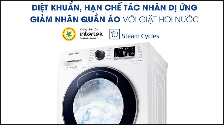Công nghệ giặt hơi nước Steam Cycles diệt khuẩn vượt trội trên máy giăt Samsung