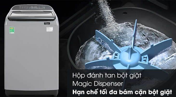 Máy giặt Samsung WA10T5260BY/SV khắc phục tình trạng bột giặt bám cặn nhờ được tích hợp hộp đánh tan bọt Magic Dispenser