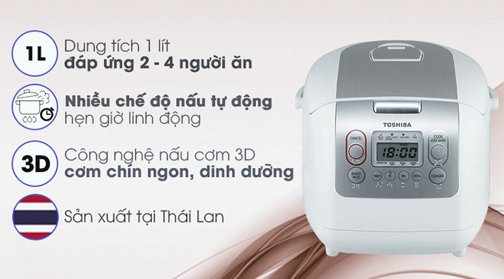 Nồi cơm điện tử Toshiba 1 lít RC-10NMFVN(WT) có giá 2.602.000 đồng (cập nhật vào tháng 08/2023 và có thể thay đổi theo thời gian)