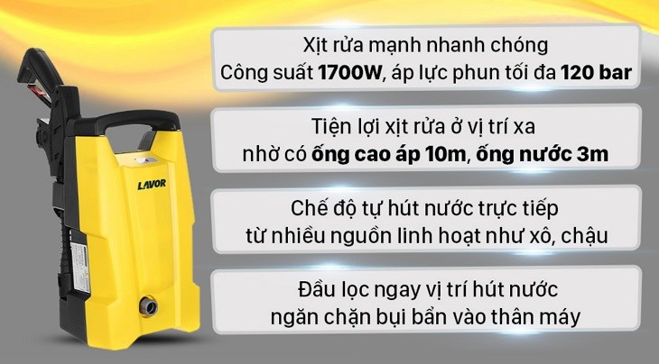 Máy phun xịt rửa áp lực cao Lavor Hero SMART120 1700W có kiểu dáng thời gian, cho áp lực phun mạnh mẽ và dễ di chuyển