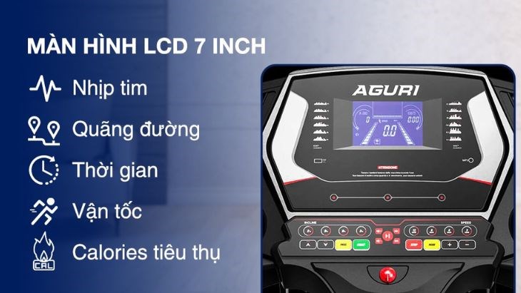 Máy Chạy Bộ Aguri AGT-108L sở hữu màn hình LCD giúp bạn dễ dàng theo dõi các chỉ số như nhịp tim, huyết áp