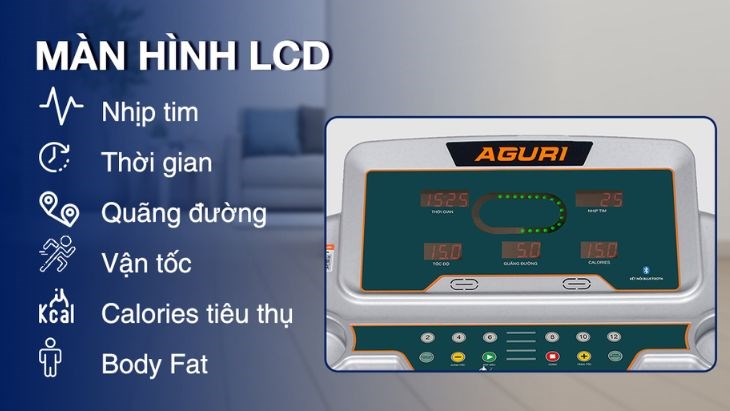 Theo dõi và quản lý nhịp tim và huyết áp dễ đang với màn hình LCD trên máy chạy bộ Aguri AGT-117L 