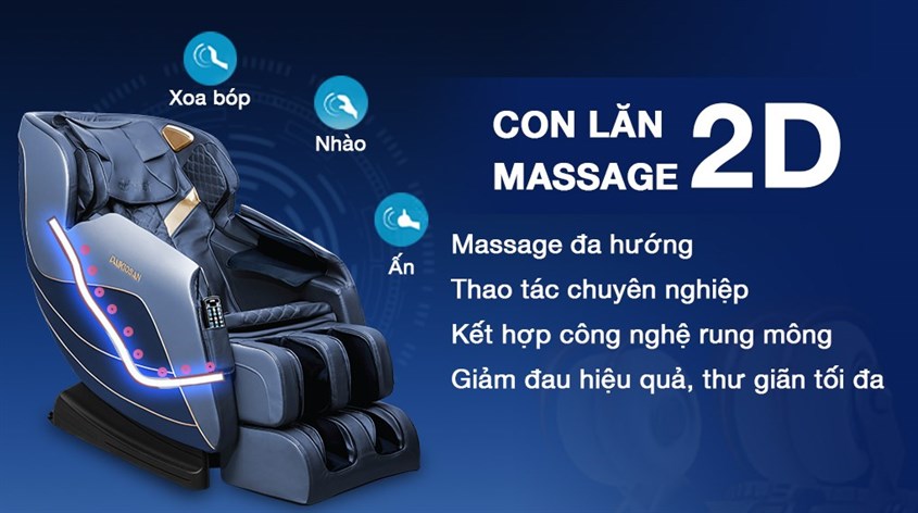 Ghế massage Daikiosan DKGM-00005 tích hợp con lăn massage 2D với các kỹ thuật xoa bóp, nhào, ấn hỗ trợ giảm đau hiệu quả