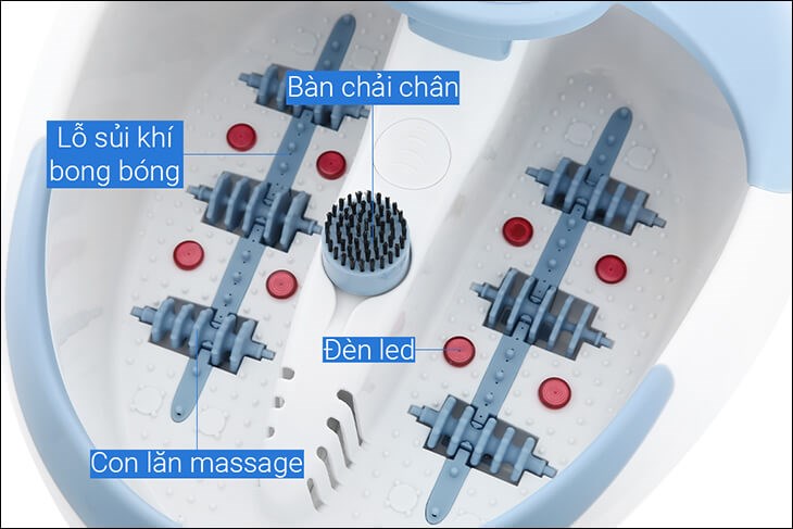 Bồn ngâm massage chân Lanaform LA110415 có cấu tạo gồm bàn chải chân, lỗ sủi khí bong bóng, đèn led và con lăn massage