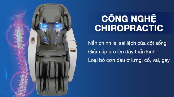 Ghế Massage Fuji Luxury FJ 2022E được trang bị công nghệ Chiropractic giúp nắn chỉnh cột sống, từ đó giảm đau mỏi cổ vai gáy, đau thần kinh tọa