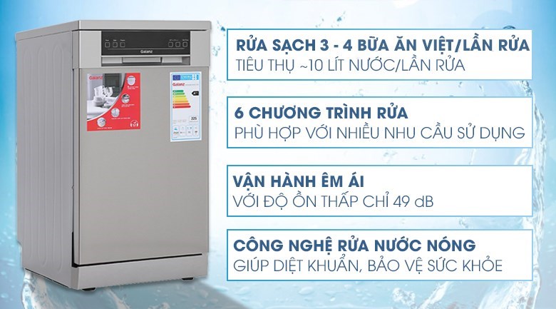 Với máy rửa chén độc lập Galanz W45A3A401M-0E1, bạn có thể tiết kiệm đáng kể lượng nước cho mỗi lần rửa