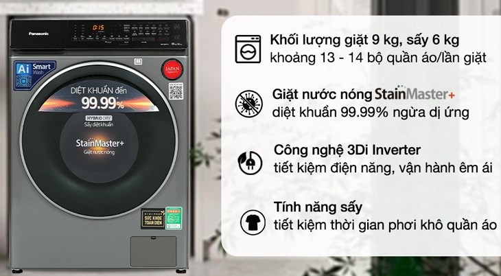 Máy giặt sấy Panasonic Inverter 9 kg NA-S96FC1LVT có tích hợp chức năng sấy và khả năng tiết kiệm điện - vận hành êm ái, an tâm cho người dùng
