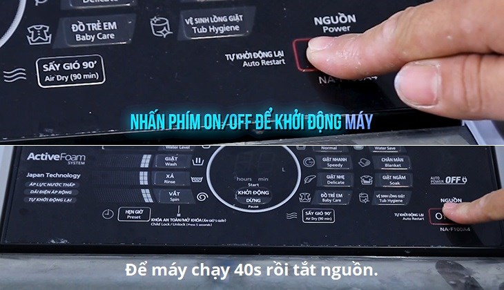 nhấn nút on off khởi động máy giặt