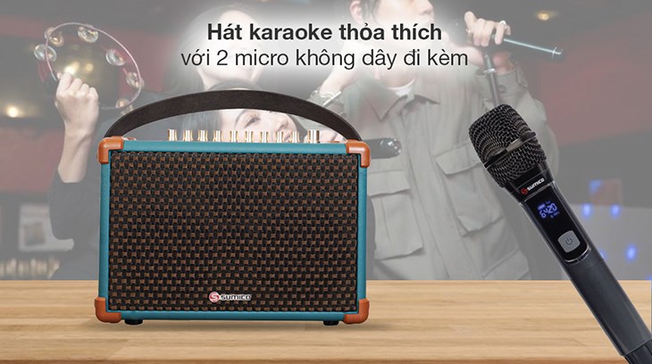 Loa karaoke xách tay Sumico BELLA 42 Blue 100W đi kèm 2 micro không dây chất lượng tốt giúp tiếng hát của bạn được phát ra trong trẻo, khỏe khoắn