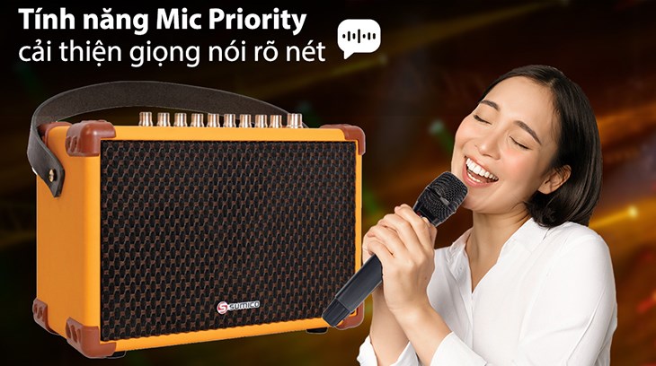Loa karaoke xách tay Sumico BELLA 42 Yellow 100W có tính năng Mic Priority hỗ trợ bạn tăng cường âm lượng của giọng nói và giảm tiếng nhạc lại