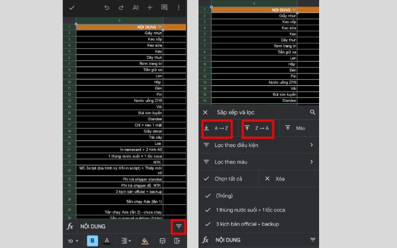 Chọn SORT A-Z hoặc SORT Z-A