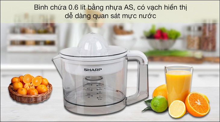 Bình chứa của máy vắt cam Sharp 25W EJ-J256-WH được làm từ nhựa AS trong suốt, kháng vỡ, không bị ám mùi và an toàn cho sức khỏe