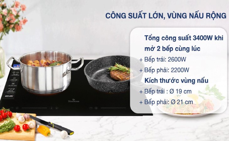 Bếp từ hồng ngoại lắp âm BlueStone ICB-6911 với tổng công suất 3400W khi mở 2 bếp cùng lúc, giúp bạn nấu ăn nhanh chóng hơn