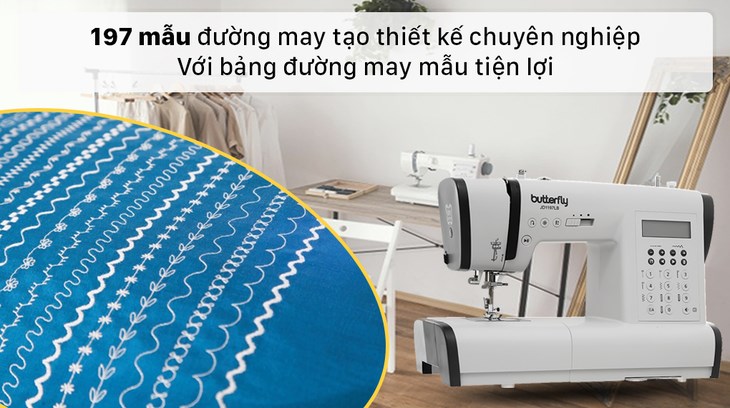 Máy may điện tử gia đình Butterfly JD1197LB giúp bạn tạo các mẫu may tinh xảo, chuyên nghiệp cùng 197 đường may