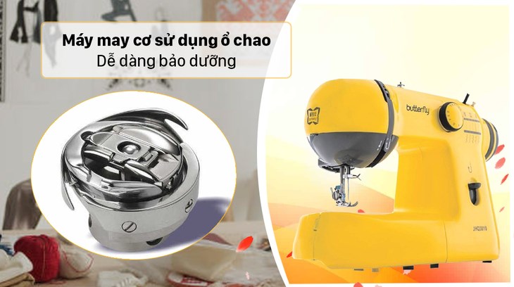 Máy may cơ gia đình Butterfly JHQ3010 Vàng vận hành bằng ổ chao, giúp bạn tạo được mẫu may phù hợp nhu cầu may vá 