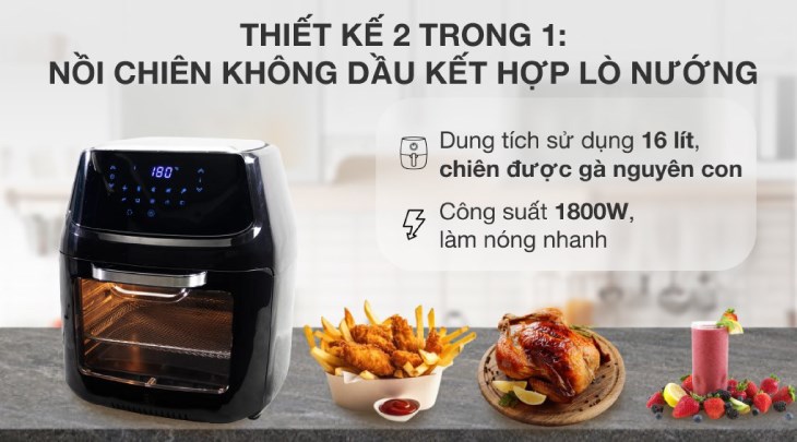 Lò chiên không dầu Magic Eco M16 16 lít sở hữu dung tích 16 lít rộng rãi, phù hợp với những gia đình có đông thành viên