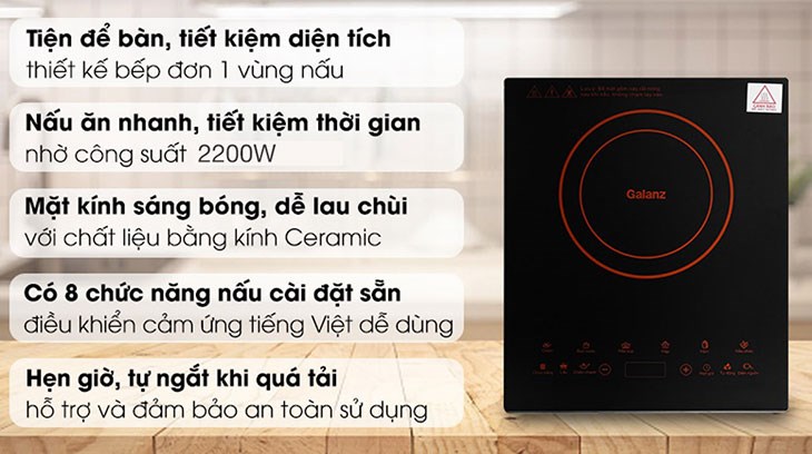 Bếp từ Galanz CH211E sở hữu thiết kế gọn đẹp, tiết kiệm không gian, phù hợp với những căn bếp nhỏ