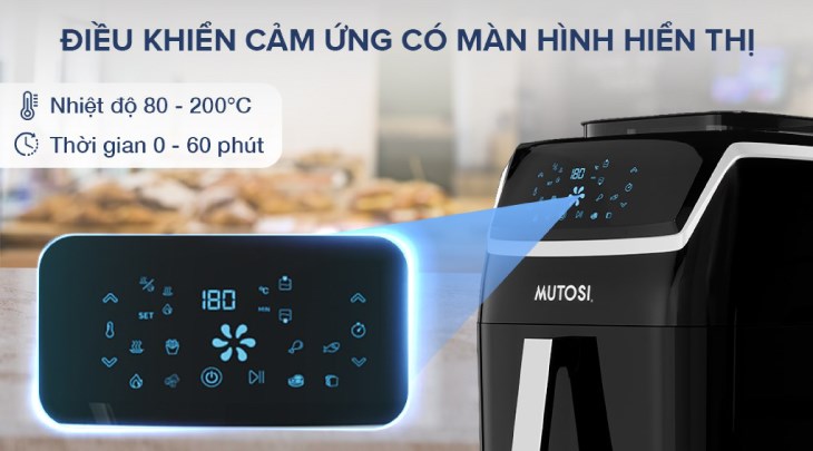 Nồi chiên không dầu kiêm hấp Mutosi MF-S102 7 lít có màn hình hiển thị rõ nét để bạn theo dõi và tùy chỉnh các chức năng chính xác, tiện lợi