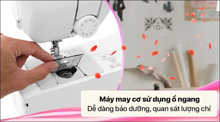 Máy may cơ gia đình Brother JA1400 sử dụng ổ ngang với chất liệu nhựa - kim loại bền bỉ, tạo đường may chắc chắn, mịn đẹp
