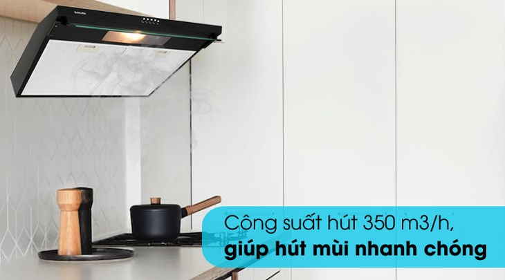 Máy hút mùi áp tường Sakura SCR-2881B có công suất hút 350m3/h, làm sạch hiệu quả không gian đun nấu trong gia đình