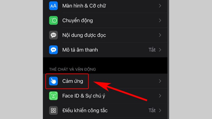 Bạn tìm và chọn mục Cảm ứng (Touch) trong phần Trợ năng