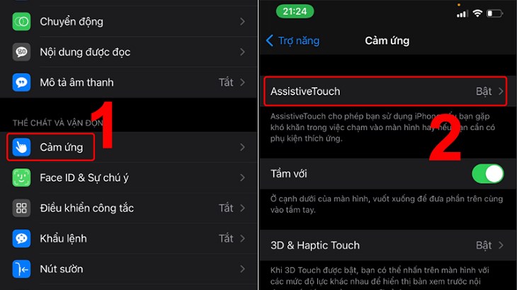 Bạn tiếp tục chọn mục Cảm ứng và chọn vào AssistiveTouch