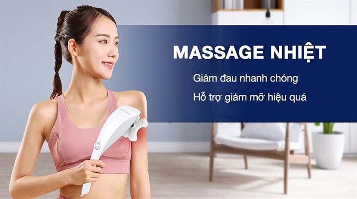 Chức năng massage nhiệt trên máy massage cầm tay Poongsan MHP-025 giúp giảm đau nhức nhanh chóng và hỗ trợ giảm mỡ hiệu quả cho cơ thể