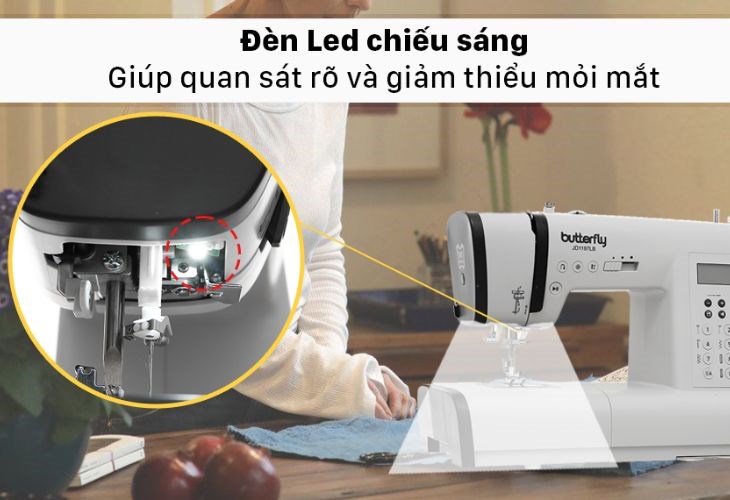 Máy may điện tử gia đình Butterfly JD1197LB được trang bị đèn LED chiếu sáng giúp người dùng quan sát rõ khi may