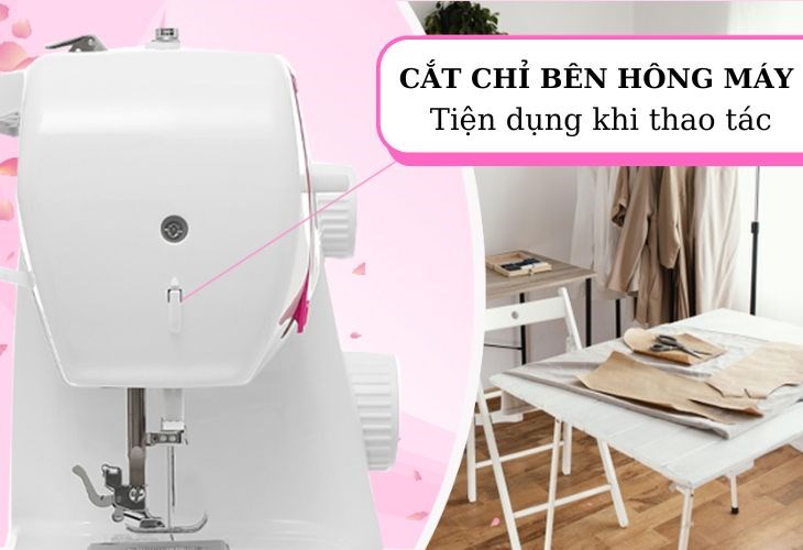 Bộ phận cắt chỉ bên hông máy giúp bạn thao tác thuận tiện và nhanh chóng