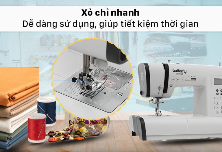 Chức năng xỏ chỉ nhanh của máy may điện tử gia đình Butterfly JD1197LB dễ sử dụng và tiết kiệm thời gian cho người dùng